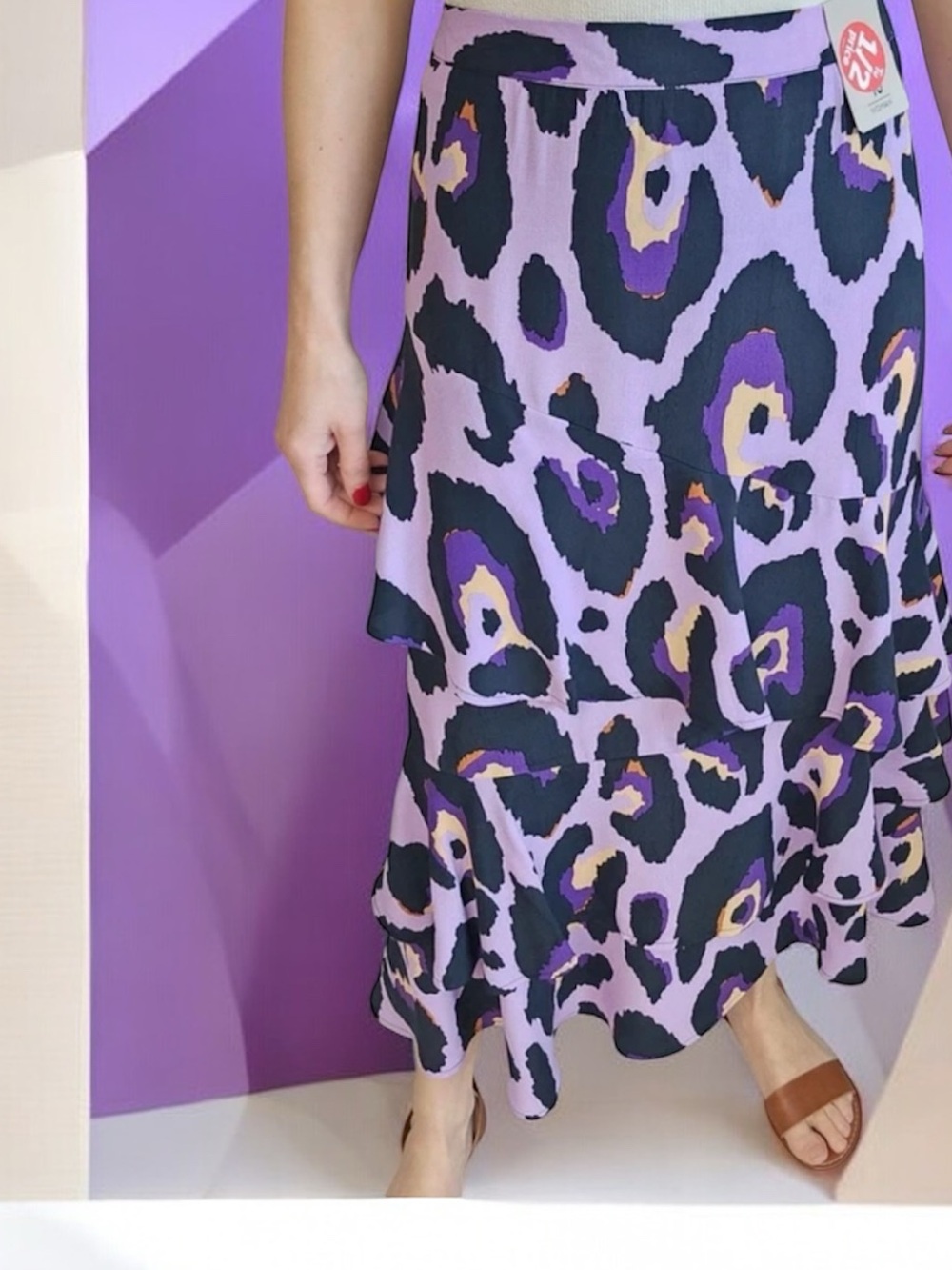 Women’s Lilac Black Leopard Print Tiered Midi Skirt by Tu Sz 12